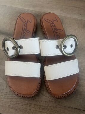 Zodiac Frida White Double-Strap Slide Sandals with Antique Gold Buckle